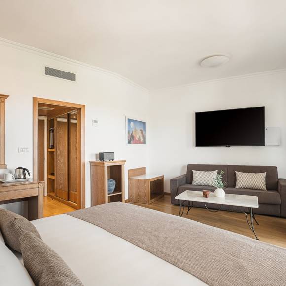 Open plan Junior Suite with bed, sofa bed area and wall-mounted TV facing the seating corner